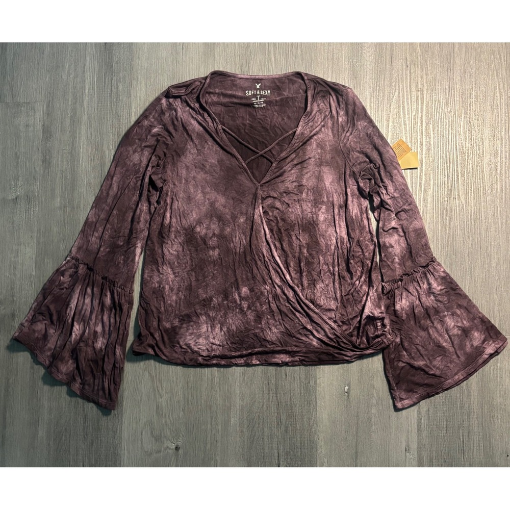 American Eagle Top Womens Medium Purple Soft & Sexy Bell Sleeve Acid Wash Wrap